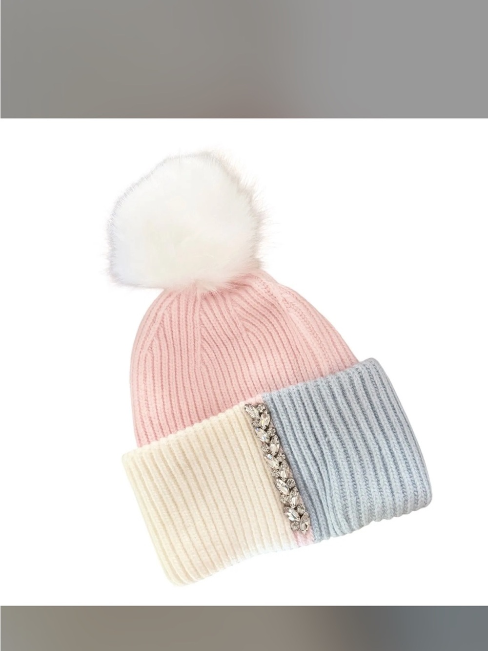 NWT Adrienne Landau colorblock Pom Beanie Winter Hat with Jewel Trim, MSRP 95$